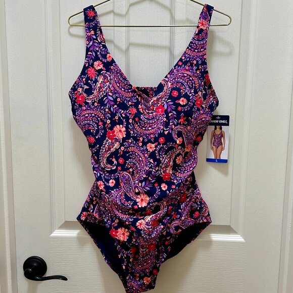 New Lands' End Women's One Piece Swimsuit Size L Purple Floral UPF 50+ Feminine - Picture 1 of 11